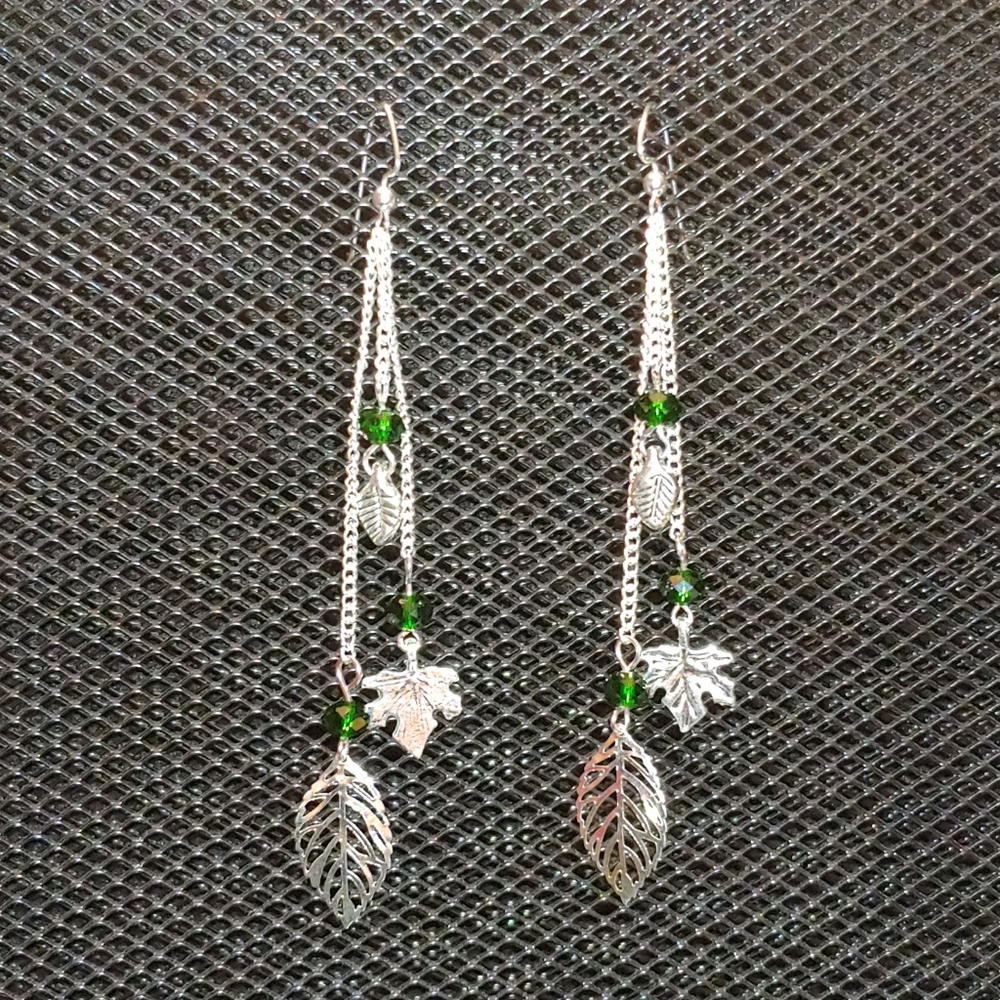 3/$20 | Silver leaf and green rondelle earrings